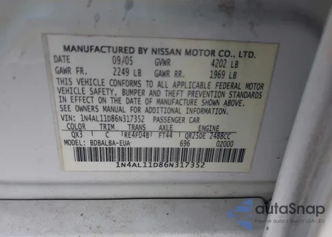 2006 Nissan Altima 2.5 S from USA, damaged, VIN 1N4AL11D86N317352